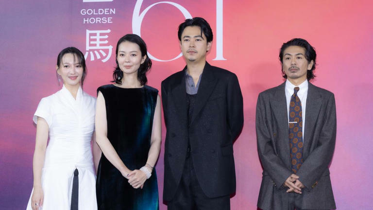 《雨中的慾情》主演群李杏、中村映里子、成田凌與森田剛（左起）今晚在信義威秀廣場與粉絲見面。（圖／讀者提供）