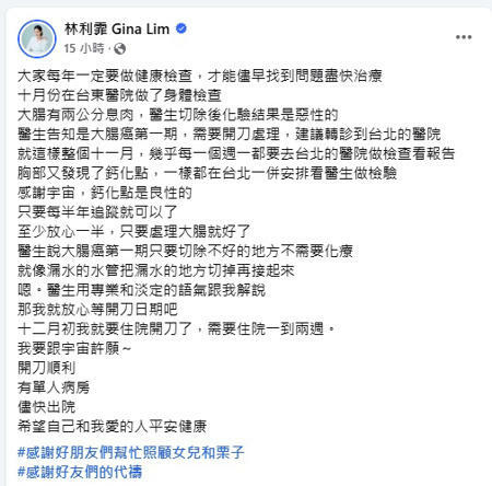 林利霏臉書全文。（圖／翻攝自林利霏 Gina Lim臉書）