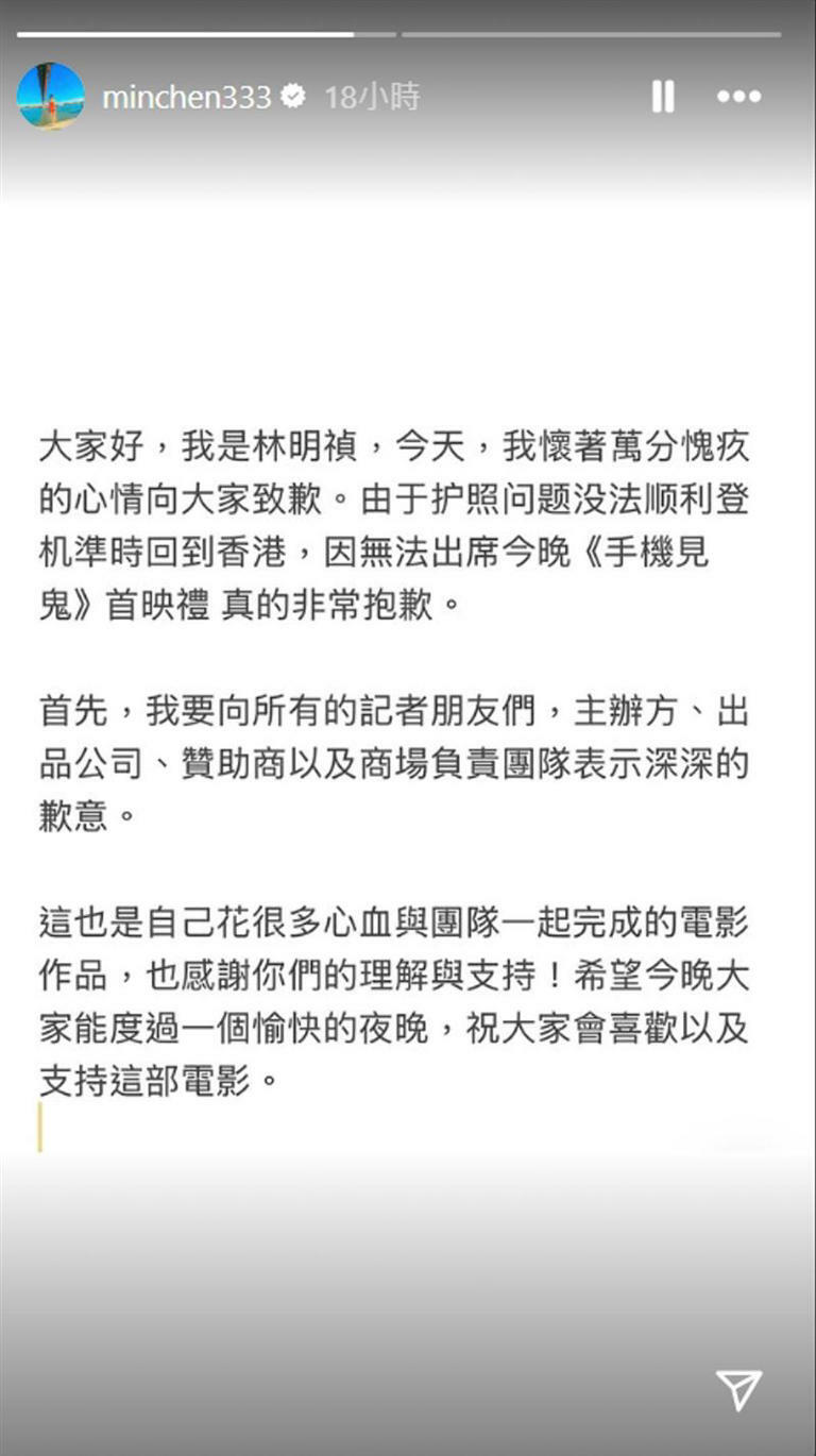 林明禎道歉指稱自己護照遺失無法準時登機。（圖／翻攝自minchen333 IG）