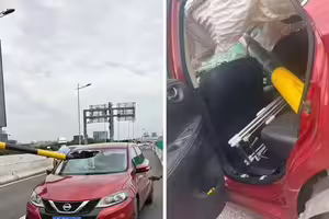 貨車撞斷限高桿　金屬桿直插路過小轎車
