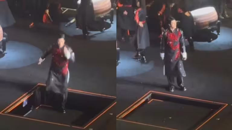 王力宏演唱會升降舞台出包,機關沒等他到定點就下降。(圖/翻攝自艾瑪客代表微博) 王力宏演唱會升降舞台出包,機關沒等他到定點就下降。(圖/翻攝自艾瑪客代表微博)