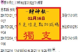 【財神報】「六合彩」02月16日 不定位 定點 加減碼 獨支