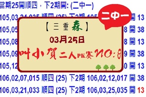 【三重森】「六合彩」03月25日 (035)*叫小賀二人PK賽NO:8*二中一參考