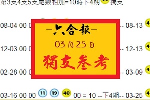 【六合報】「六合彩」03月25日 獨支參考
