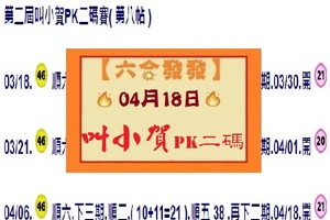 【六合發發】「六合彩」04月18日 第二屆叫小賀PK二碼賽( 第八帖 )
