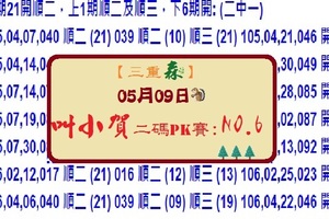 【三重森】「六合彩」05月09日 (第三屆) 叫小賀二碼PK賽:NO:6二中一參考