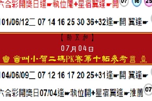 【刺五加】2017「六合彩」07月04日♚叫小賀二碼PK賽第十帖參考♙