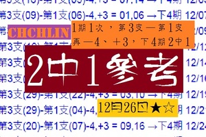 chchlin六合報★12月26日☆1期1次2中一參考。