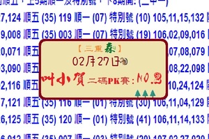 三重森第二屆六合彩2018-02-27叫小賀二碼PK賽NO:2(二中一參考)