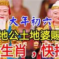 大年初六，土地公土地婆賜財，【8大生肖， 快接財】