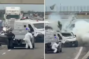 炸彈引爆運鈔車 搶匪與憲兵上演GTA 炸彈引爆運鈔車 搶匪與憲兵上演GTA
