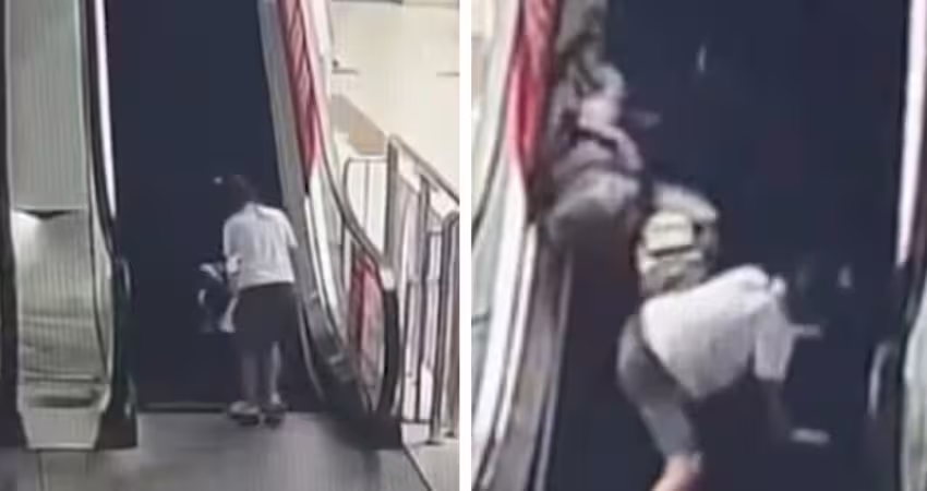 2孩獨自上手扶梯　男童「頭朝下」掉出推車外