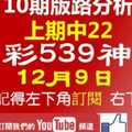 [今彩539神算] 12月9日 上期中22 2支 10期版路分析