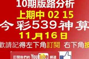 今彩539神算] 11月16日 上期中02 15 獨支 10期版路分析