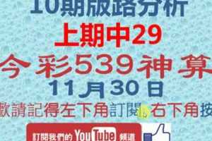 [今彩539神算] 11月30日 上期中29 2支 10期版路分析