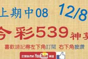 [今彩539神算] 12月8日 上期中08 4支 單號定位 雙號 拖牌