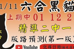 (六合黑貓)1/11(四)參考-精準2中1拖牌[上期中 01 12 21]六合彩預測版路(第一版)