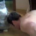 主人在家鍛煉肌肉，貓咪在一旁監督指導，貓咪：就是這個節奏！
