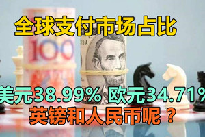 全球支付市场占比：美元38.99%、欧元34.71%、英镑和人民币呢？