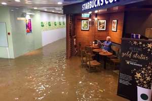 強者爺爺在颱風淹水時仍「淡定坐在星巴克喝咖啡看報紙」