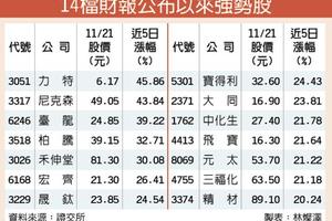 14檔強勢股 近5日大漲逾2成