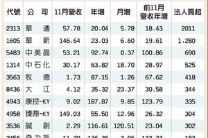 10檔首11月營收三增 法人聚焦