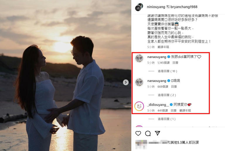 歐陽娜娜和歐陽娣娣開心留言說要當阿姨了。（圖／攝自IG@niniouyang）