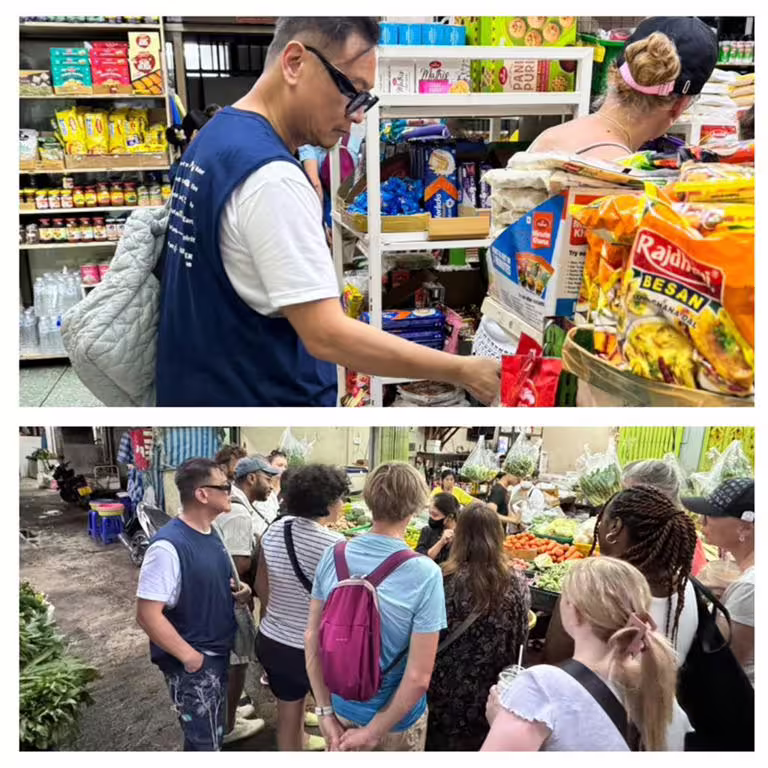 張世跟著老師及同學們到曼谷當地纏桶市場認識各種食材。(張世提供) 張世跟著老師及同學們到曼谷當地纏桶市場認識各種食材。(張世提供)