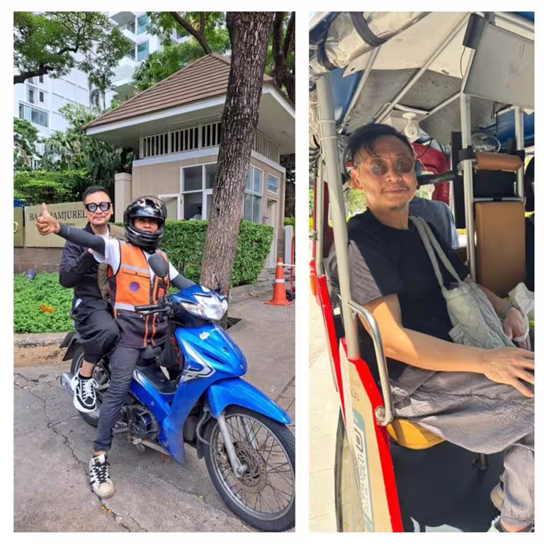 張世在當地會坐摩托車或嘟嘟車到處逛逛。(洪秀瑛攝) 張世在當地會坐摩托車或嘟嘟車到處逛逛。(洪秀瑛攝)