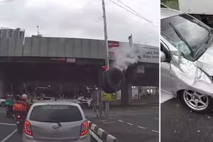 輪胎從天而降　砸中汽車！騎士倒地