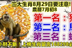 三大生肖8月29日要注意!第一名：猴。第二名：馬。第三名：蛇。大小財不斷！上榜生肖留言168298必轉!