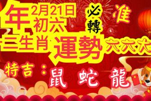 准！年初六2月21日十二生肖運勢特吉：鼠蛇龍必轉六六大順