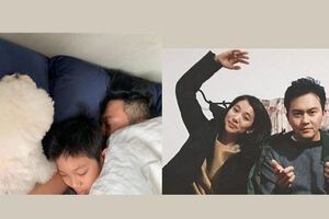 袁詠儀甜蜜曬出熟睡中的父子合照，有一種愛情叫做張智霖和袁詠儀！