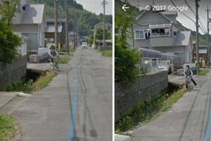 他在Google街景看到「日本阿姨騎自行車摔進水溝」，整個人貼在牆壁的畫面讓大家都內疚噴笑啊！